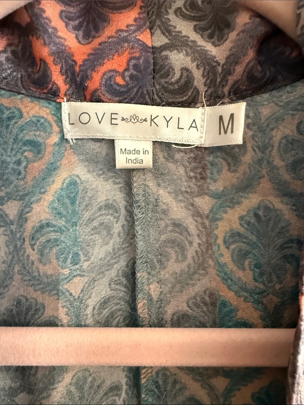 Boho Paisley Open Kimono Silk Hand Embroidered Cardigan in Rust, Teal & Gray - Picture 2 of 7